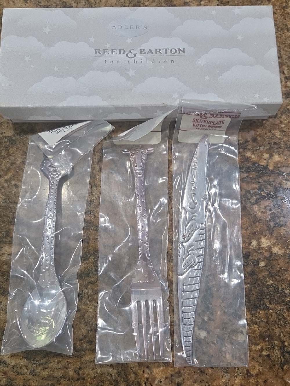 Reed & Barton Silverplate 3 Piece Set, Safari Theme. Excellent Sealed Condition!